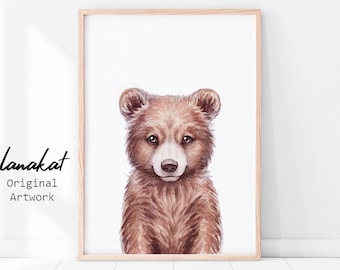 赤ちゃんクマのプリント。クマの子の水彩画。森の赤ちゃん動物のプリント。森の動物の壁アート、性別を問わない保育園の子供部屋の装飾。印刷可能