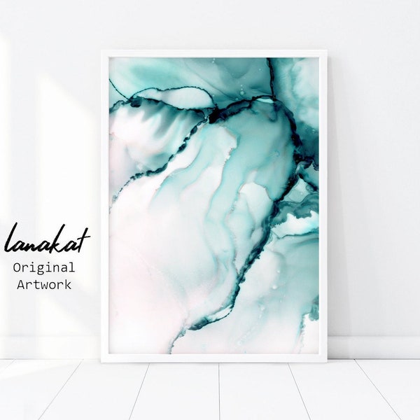 Abstract Ink Art Print. Alcohol Ink no.2 Teal. Marble Watercolor Ink Panting Large Poster. Abstract Emerald Green Decor Gift. Printable Art