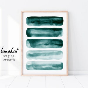 Emerald Green Brush Strokes Watercolor Print. Teal Lines Abstract Watercolor Painting no.3. Modern Bedroom Living Room Decor. Printable Art