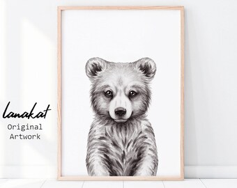 Baby Bear Print. Bear Cub Black White Watercolor Printable. Woodland Baby Animal Prints. Forest Animals Nursery Kids Room Decor. Printable