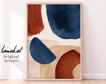 Terracotta & Navy Abstract Print. Abstract Shapes Blue Burnt Orange Beige Watercolor. Earth Tones Boho Decor Neutral Wall Art. Printable Art