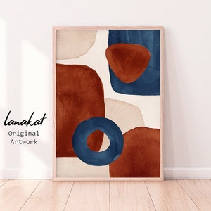 Abstract Terracotta & Blue Print. Abstract Shapes Navy Burnt Orange Beige Watercolor. Earthy Neutral Modern Boho Wall Decor. Printable Art