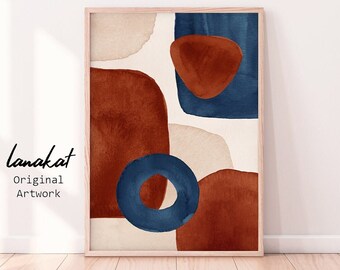 Abstract Terracotta & Blue Print. Abstract Shapes Navy Burnt Orange Beige Watercolor. Earthy Neutral Modern Boho Wall Decor. Printable Art