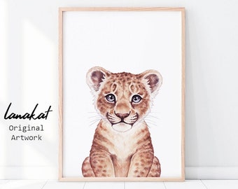 Baby Lion Print. Wydrukowana akwarela lwiątka. Safari Baby Animal Prints. Baby Animals Nursery Gender Neutral Kids Room Decor. Wydrukowana sztuka