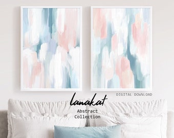 SET of 2 Pastel Abstract Prints. Soft Pink & Blue Abstract Paintings. Light Colors Peaceful Serene Calming Modern Wall Decor. Printable Art