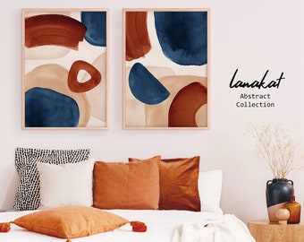 SET of 2 Terracotta & Navy Prints. Abstract Blue Burnt Orange Beige Watercolor. Earth Tone Minimalist Modern Boho Wall Decor. Printable Art