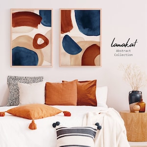 SET of 2 Terracotta & Navy Prints. Abstract Blue Burnt Orange Beige Watercolor. Earth Tone Minimalist Modern Boho Wall Decor. Printable Art