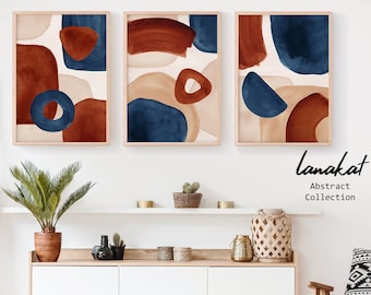 SET of 3 Abstract Terracotta & Blue Prints. Navy Burnt Orange Beige Watercolor Shapes. Neutral Minimal Modern Boho Wall Decor. Printable Art