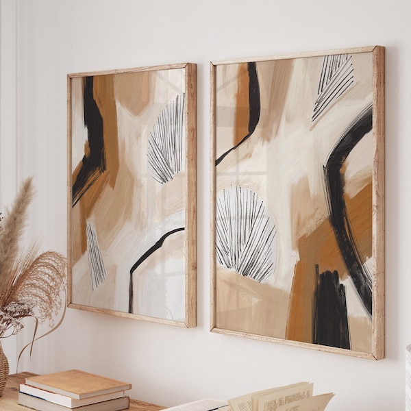 SET of 2 Abstract Earth Tone Prints. Terracotta Burnt Orange Black Beige Canvas Paintings. Modern Boho Gallery Wall Art Decor. Printable Art