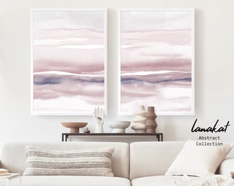 SET of 2 Abstract Landscape Prints. Dusty Pink Violet Watercolor. Light Pastel Minimalist Serene Calming Modern Wall Decor. Printable Art