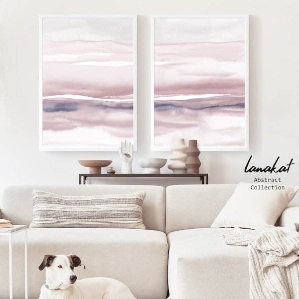 SET of 2 Abstract Landscape Prints. Dusty Pink Violet Watercolor. Light Pastel Minimalist Serene Calming Modern Wall Decor. Printable Art