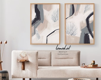 SET of 2 Abstract Prints. Neutral Gray Black Beige Canvas Paintings. Neutral Grey Tones Japandi Minimalist Wall Art Decor. Printable Art