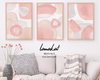 SET van 3 blozen roze prints. Zachtroze neutrale beige abstracte aquarelvormen. Minimalistisch modern Boho roze muurkunstdecor. Afdrukbare kunst