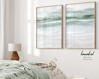 SET von 2 Sage Green Abstrakte Drucke. Minimalistisches Landschafts-Aquarell. Sanfte Pastelltöne Serene Calming Modern Wall Art Decor. Druckbare Kunst