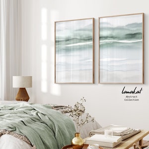 SET of 2 Sage Green Abstract Prints. Minimalist Landscape Watercolor. Soft Pastel Tones Serene Calming Modern Wall Art Decor. Printable Art