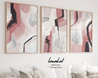 Pink Abstract Prints SET of 3. Blush Pink Black White Brushstroke Line Paintings. Pastel Tones Modern Gallery Wall Art Decor. Printable Art