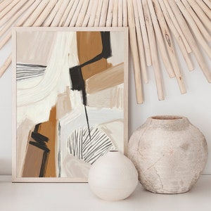 Modern Abstract Print. Terracotta Black & Beige Brushstroke Lines Canvas Painting. Neutral Earth Tones Gallery Wall Art Decor. Printable Art