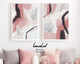 Blush Pink Abstract Prints SET of 2. Pink Black White Brushstroke Paintings. Pastel Tones Posters Modern Gallery Wall Decor. Printable Art