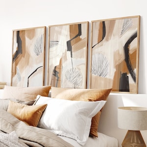 SET of 3 Abstract Prints. Terracotta Burnt Orange Black Beige Canvas Paintings. Earth Tones Modern Boho Gallery Wall Decor. Printable Art