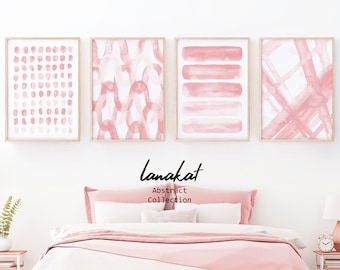 SET of 4 Abstract Blush Pink Prints. Brush Strokes Watercolor Art Set. Minimalist Modern Girls Room Nursery Wall Decor Gift. Printable Art