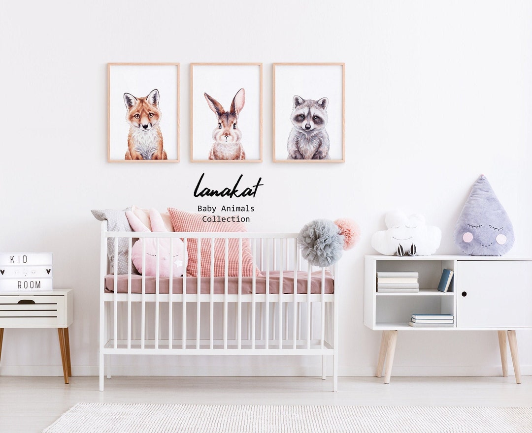 SET 3 Woodland Animals Prints. Baby Fox Bunny Raccoon Watercolor ...