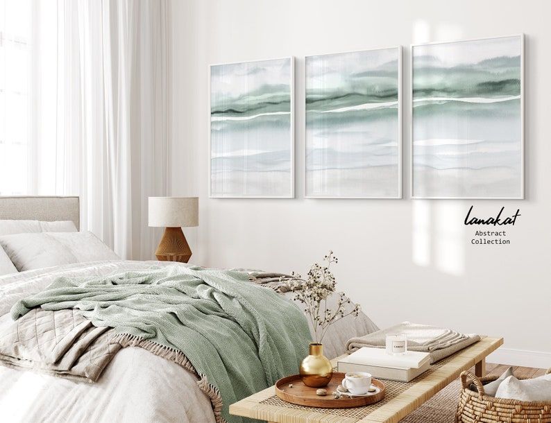 Sage Green Abstract Prints SET of 3. Soft Pastel Tones Minimalist