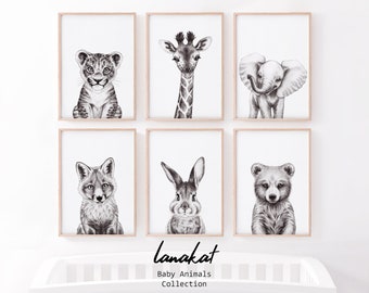 SET von 6 Safari & Woodland Animal Prints. Baby Löwe Giraffe Elefant Fuchs Hase Bär BW. Galerie Wand Kinderzimmer Kinderzimmer Dekor. Druckbare Kunst