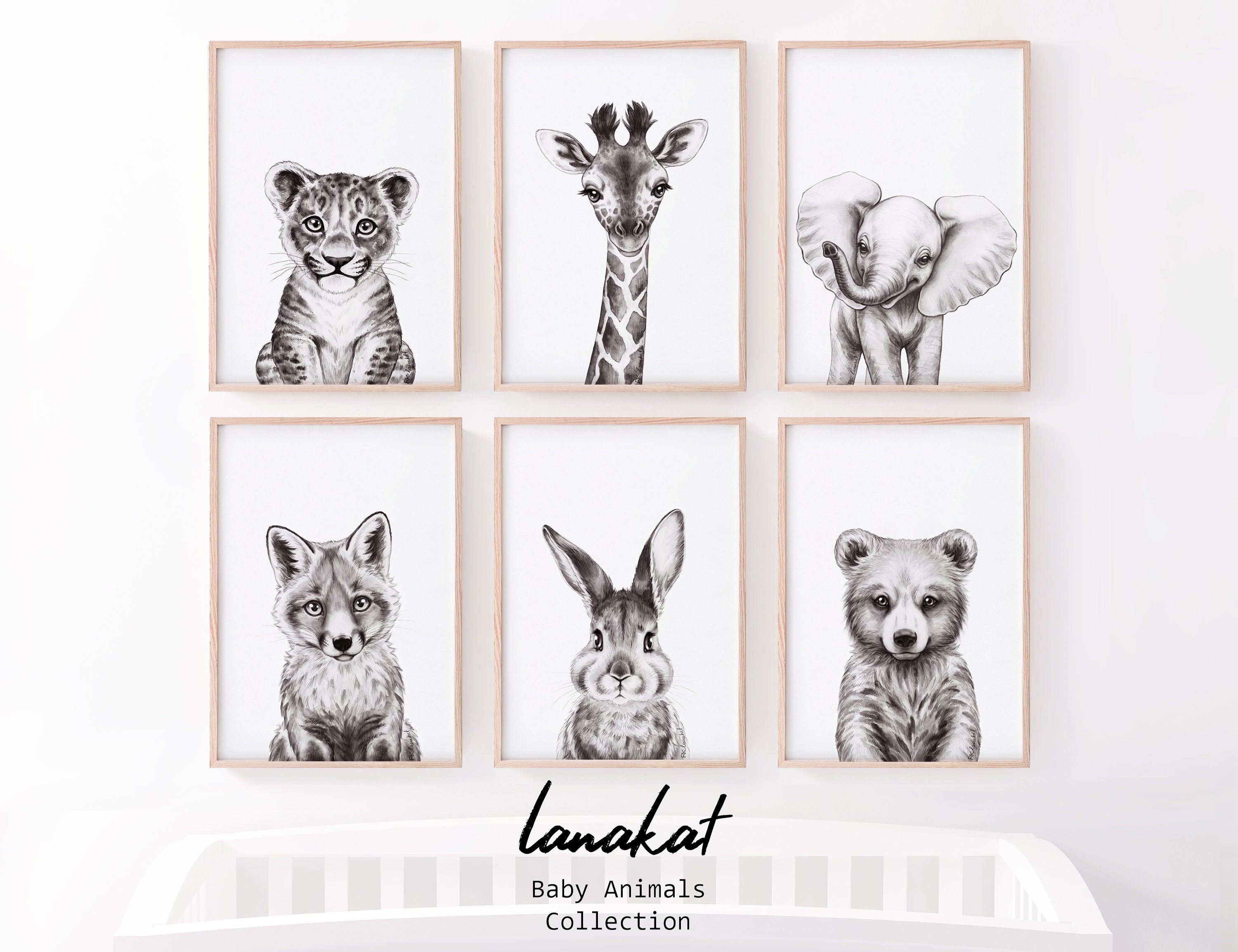 Set Of 6 Safari Woodland Animal Prints Baby Lion Giraffe Etsy