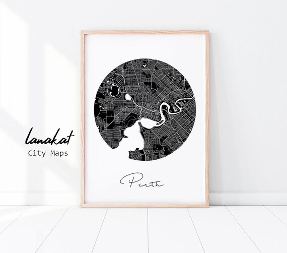 Perth City Map Print Black White Perth Australia Map Etsy