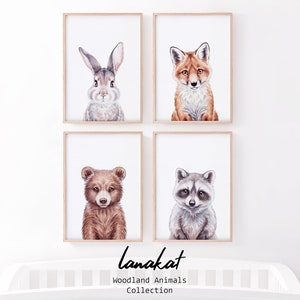 SET of 4 Woodland Animal Prints. Fox Bunny Bear Raccoon Baby Animals Watercolor. Forest Nursery Childrens Room Wall Decor. Printable Art