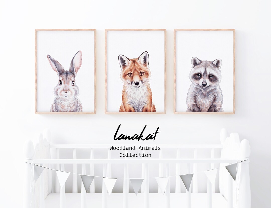 SET 3 Woodland Animal Prints. Baby Fox Bunny Raccoon Watercolor ...