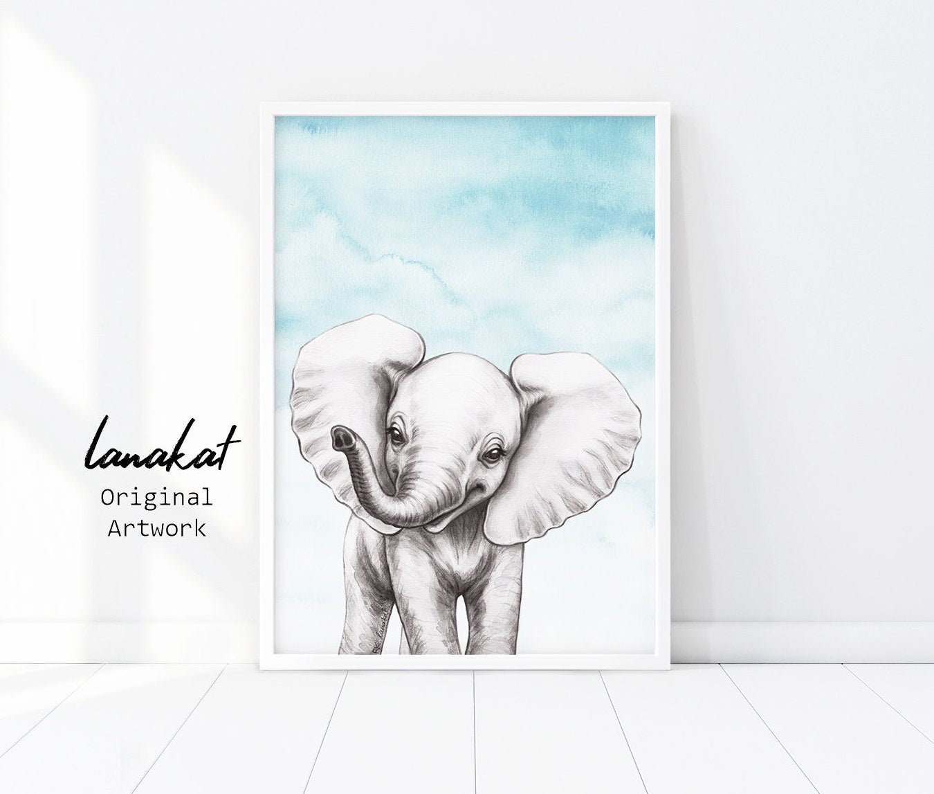 Blue Baby Elephant Print. Elephant Sky Blue Watercolor Print. Baby ...