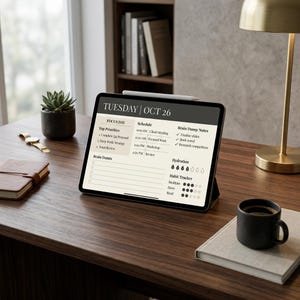Puede incluir: Una tableta digital que muestra un planificador diario para el "Martes 26 de octubre" sobre un escritorio de madera. El planificador incluye secciones para prioridades, horario y seguimiento de hábitos. Una pequeña suculenta, una taza de café y un cuaderno también están en el escritorio.