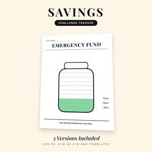 Puede incluir: Un rastreador de desafíos de ahorro blanco con las palabras "SAVINGS" y "CHALLENGE TRACKER" en la parte superior. El rastreador es para un "EMERGENCY FUND" y presenta un gráfico de tarro con cantidades en dólares. El texto "3 Versions Included" está en la parte inferior.