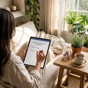 Puede incluir: Una persona escribe en una tableta con "DIGITAL RESILIENCE JOURNAL" usando un lápiz óptico. Una pequeña mesa de madera tiene una taza de té, una planta en maceta y un tarro de cristales. La escena es luminosa y acogedora.