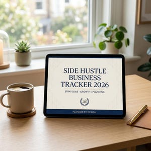Puede incluir: Una tableta digital muestra "Side Hustle Business Tracker 2026" con el texto "Estrategias, Crecimiento, Planificación". Una taza de café sobre un posavasos, un bolígrafo y un pequeño cuaderno están sobre una mesa de madera. Una ventana y plantas están en el fondo.