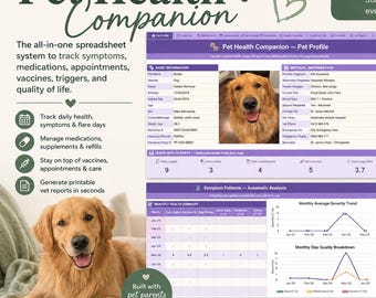 May include: A digital pet health companion with a golden retriever image, tracking symptoms, medications, and appointments. The spreadsheet system helps manage health, generate reports, and stay organized. Text includes "Pet Health Companion".