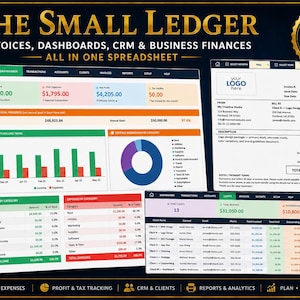 Może przedstawiać: Arkusz kalkulacyjny The Small Ledger z fakturami, pulpitami nawigacyjnymi, CRM i finansami biznesowymi. Obraz przedstawia dane finansowe, wykresy i szablon faktury. Zawiera pulpity nawigacyjne na żywo, profesjonalne faktury i zarządzanie klientami.