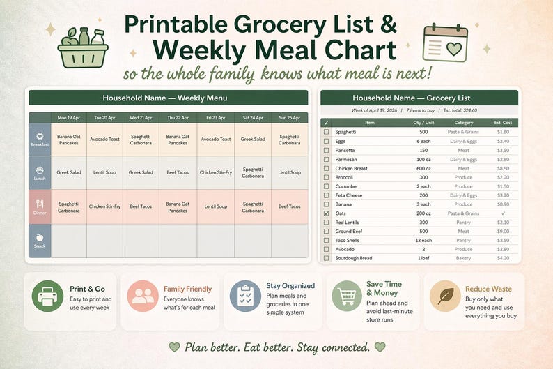 May include: A printable grocery list and weekly meal chart with a green and white design. The chart includes sections for weekly menus and grocery lists, with checkboxes and item quantities. The text says, "Plan better. Eat better. Stay connected."