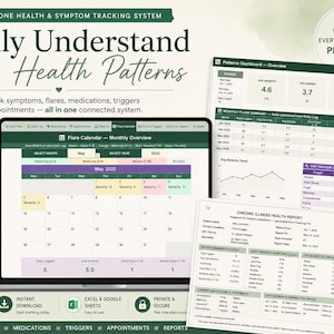May include: A laptop displays a health tracking system interface with a calendar, charts, and reports. The system tracks symptoms, flares, medications, triggers, and appointments. The text reads "Finally Understand Your Health Patterns."