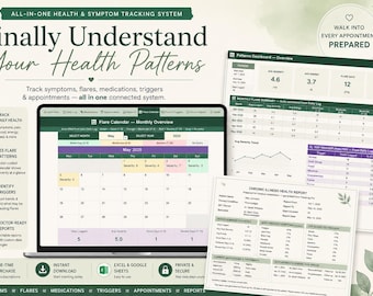 May include: A laptop displays a health tracking system interface with a calendar, charts, and reports. The system tracks symptoms, flares, medications, triggers, and appointments. The text reads "Finally Understand Your Health Patterns."