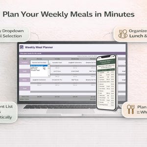 May include: A laptop and smartphone displaying a weekly meal planner interface. The laptop screen shows a meal selection menu, while the phone displays a grocery list. Text on the image includes "Plan Your Weekly Meals in Minutes."
