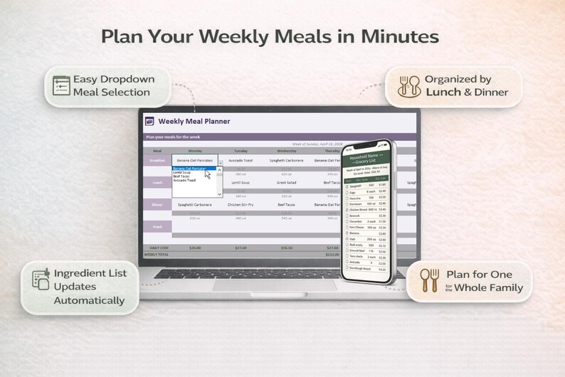 May include: A laptop and smartphone displaying a weekly meal planner interface. The laptop screen shows a meal selection menu, while the phone displays a grocery list. Text on the image includes "Plan Your Weekly Meals in Minutes."