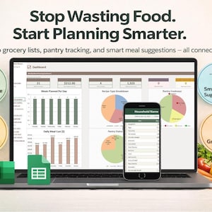 May include: A laptop displaying a food planning dashboard with charts and graphs, a smartphone showing a grocery list, and icons for pantry-aware systems, automated features, and smart meal suggestions. The text reads: Stop Wasting Food. Start Planning Smarter.