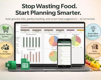 Weekly Meal Planner Pro | Excel, Google Sheets | Auto Grocery List, Pantry Tracker