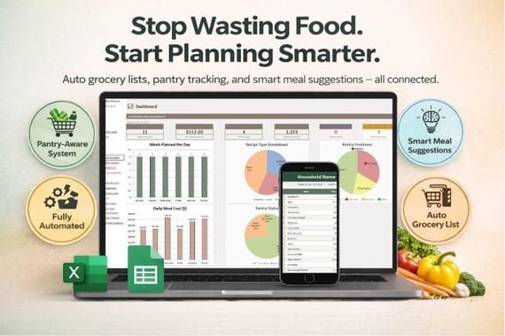 Weekly Meal Planner Pro | Excel, Google Sheets | Auto Grocery List, Pantry Tracker
