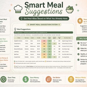 May include: A digital graphic with the title "Smart Meal Suggestions" and icons for meal ideas, pantry use, saving money, and time. The image includes a meal suggestion system with recipe details and key pantry items.