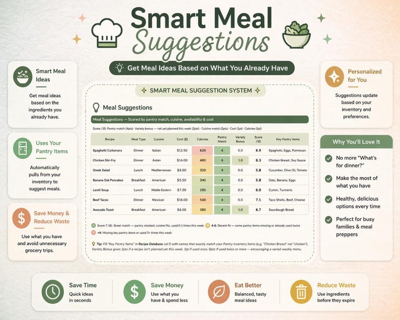 May include: A digital graphic with the title "Smart Meal Suggestions" and icons for meal ideas, pantry use, saving money, and time. The image includes a meal suggestion system with recipe details and key pantry items.