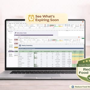 May include: A laptop displaying a pantry inventory spreadsheet with the text "See What's Expiring Soon." A green and gold badge reads "Smart Pantry System, Reduce Food Waste." The image promotes reducing food waste.