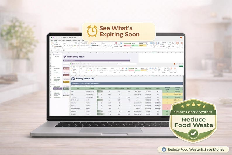 May include: A laptop displaying a pantry inventory spreadsheet with the text "See What's Expiring Soon." A green and gold badge reads "Smart Pantry System, Reduce Food Waste." The image promotes reducing food waste.